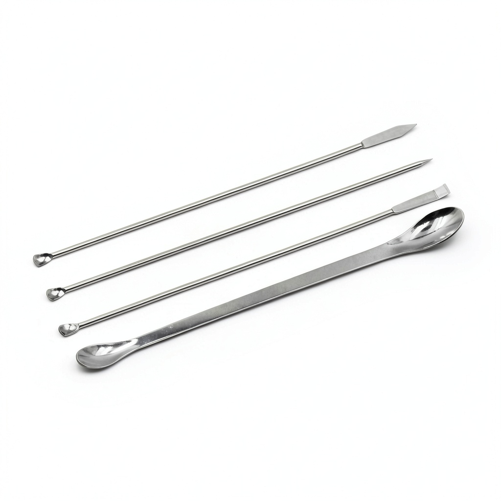 HLGHLG stainless steel lab scoops set with four micro spoons on a lab bench